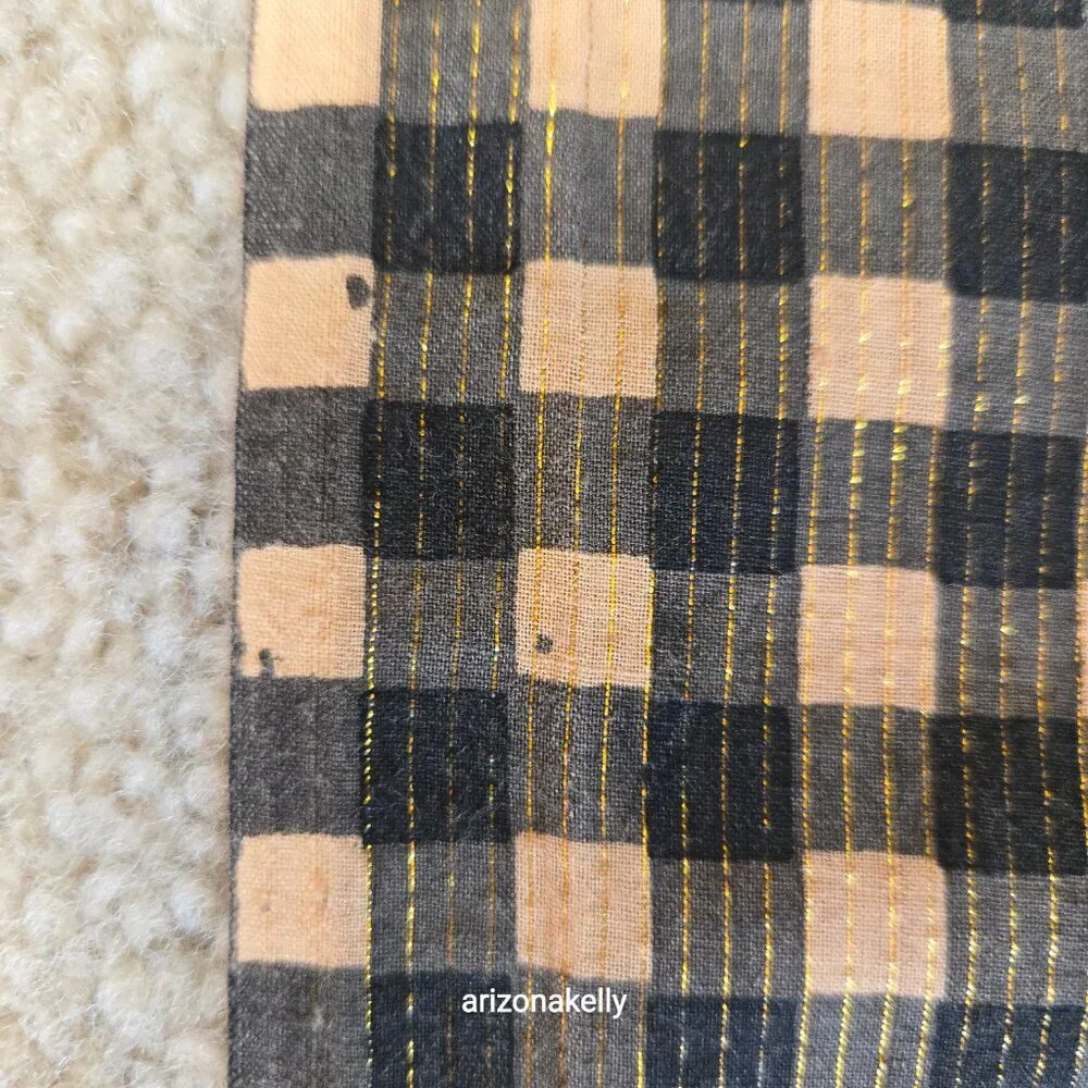 Nicholas K HUGE Distressed Cotton Scarf Black & Tan With Gold Thread